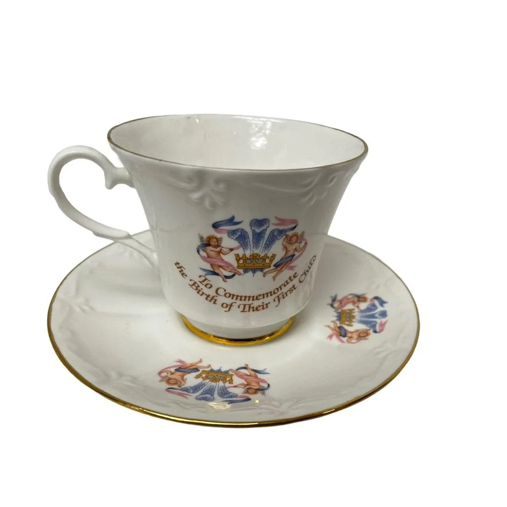 Canadian Royal Birth Commemorative Teacup Saucer Charles Diana White Gold